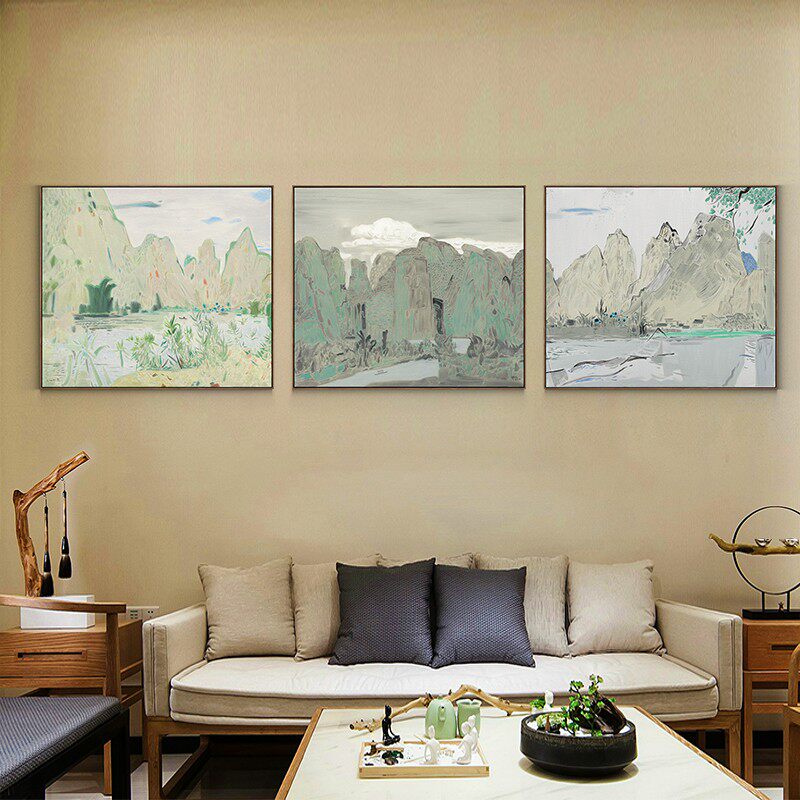 新中式装饰画客厅沙发背景墙三联组合挂画卧室床头壁画山水风景画