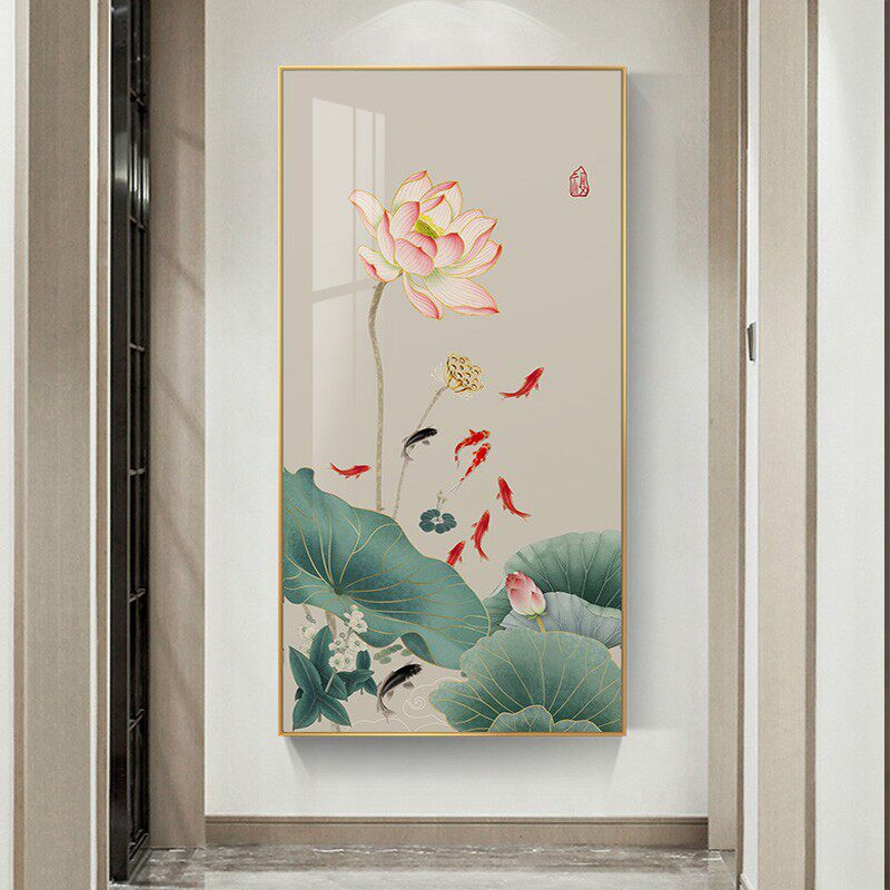 荷花九鱼图入户玄关装饰画新中式走廊过道竖版背景墙壁画挂画晶瓷