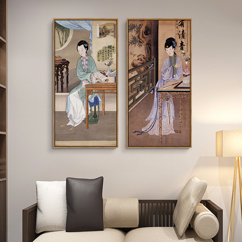 雍正十二美人图挂画新中式客厅装饰画宫廷仕女图餐厅茶室壁画竖版