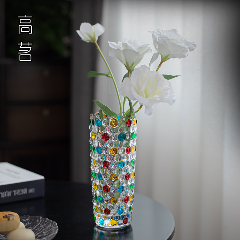 日式玻璃花瓶手绘彩色圆点客厅水培插花装饰轻奢餐桌水晶花道摆件