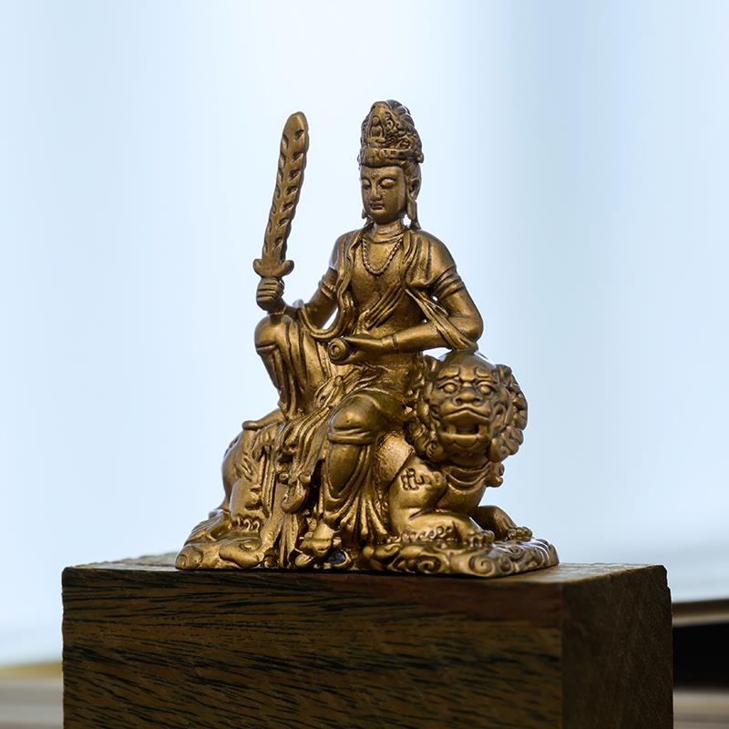 简修行文殊菩萨黄铜摆件 中式金色佛像桌面摆饰 客厅茶空间装饰雕
