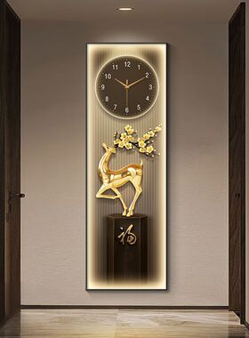 入户玄关挂画钟表轻奢艺术挂钟客厅装饰画2024新款时钟挂墙带灯画