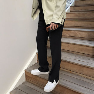 松紧腰直筒休闲西裤男垂坠感男裤长裤男士韩版裤脚侧开叉裤子男款