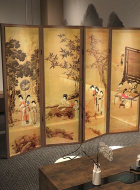 《仕女图》中式复古典屏风隔断客厅装饰玄关茶室背景移动原木折屏
