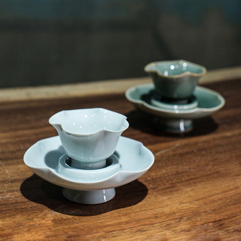 宋研 仿宋耀州窑秘色青瓷小茶盏杯托 点茶分茶小杯主人杯葵花杯