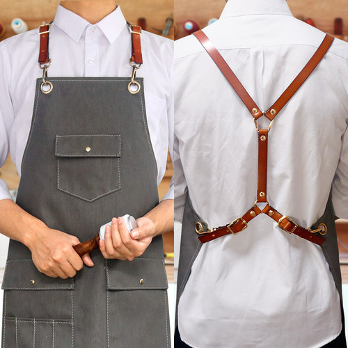 新款夏季咖啡师蛋糕店牛仔工作围裙男士工作服围裙定制LOGO