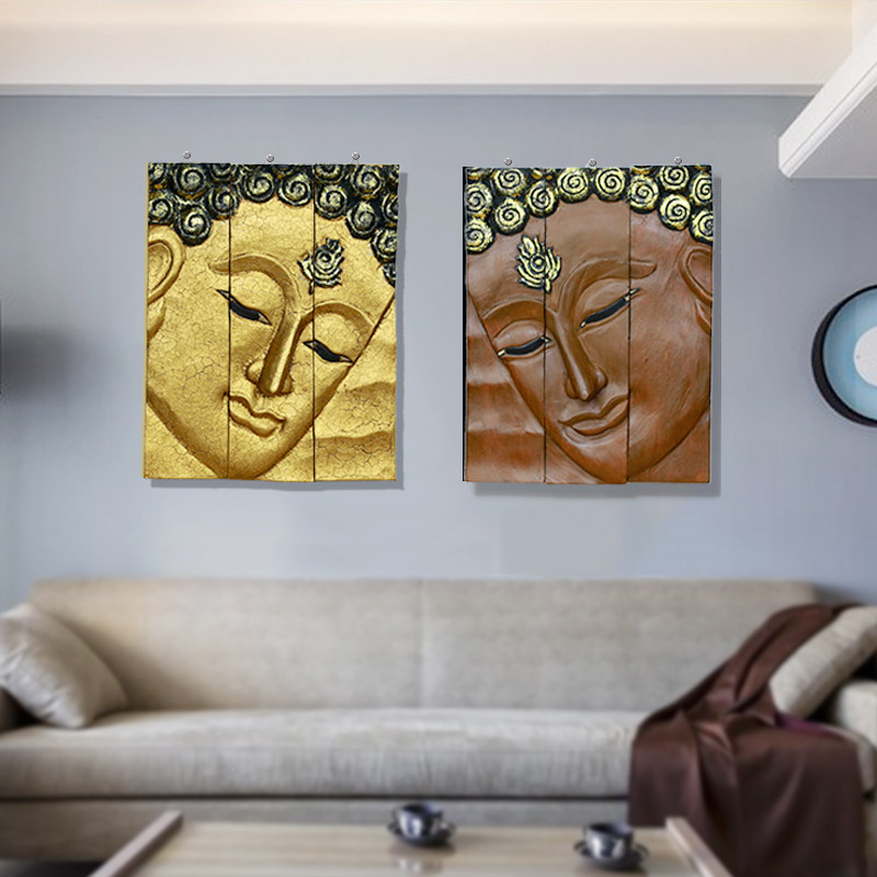 泰国实木佛像壁饰浮雕墙饰佛祖挂板金箔佛脸装饰画墙面软装画立体