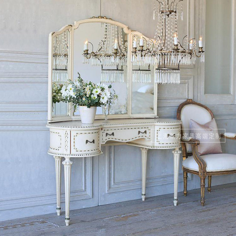 定制法式欧式复古怀旧实木圆弧形白色做旧梳妆台化妆桌镜凳罗马柱