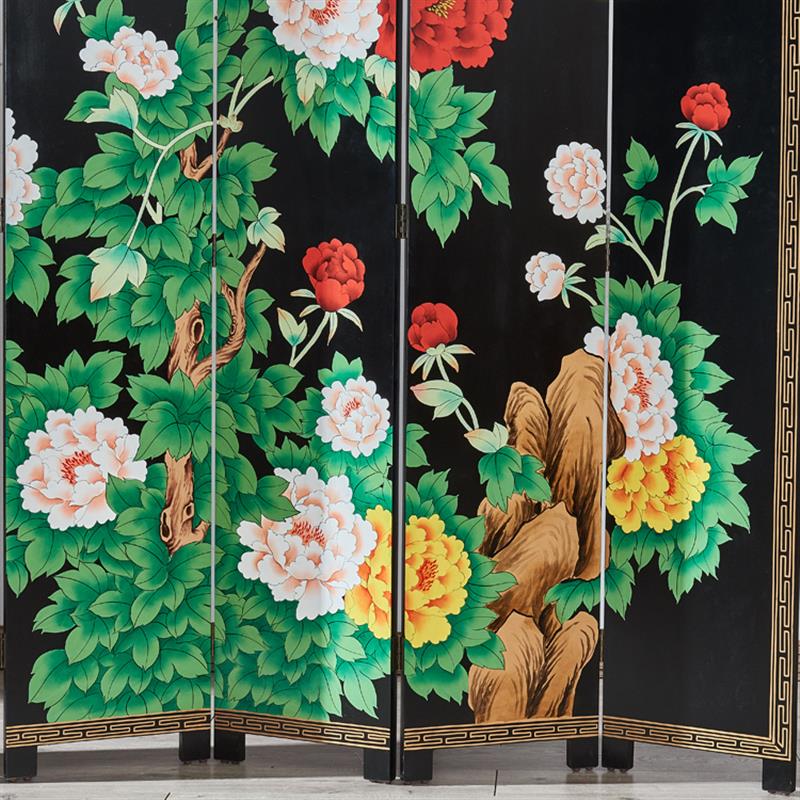中式彩绘漆画屏风花开富贵牡丹山水酒店家居手绘隔断大堂背景装饰