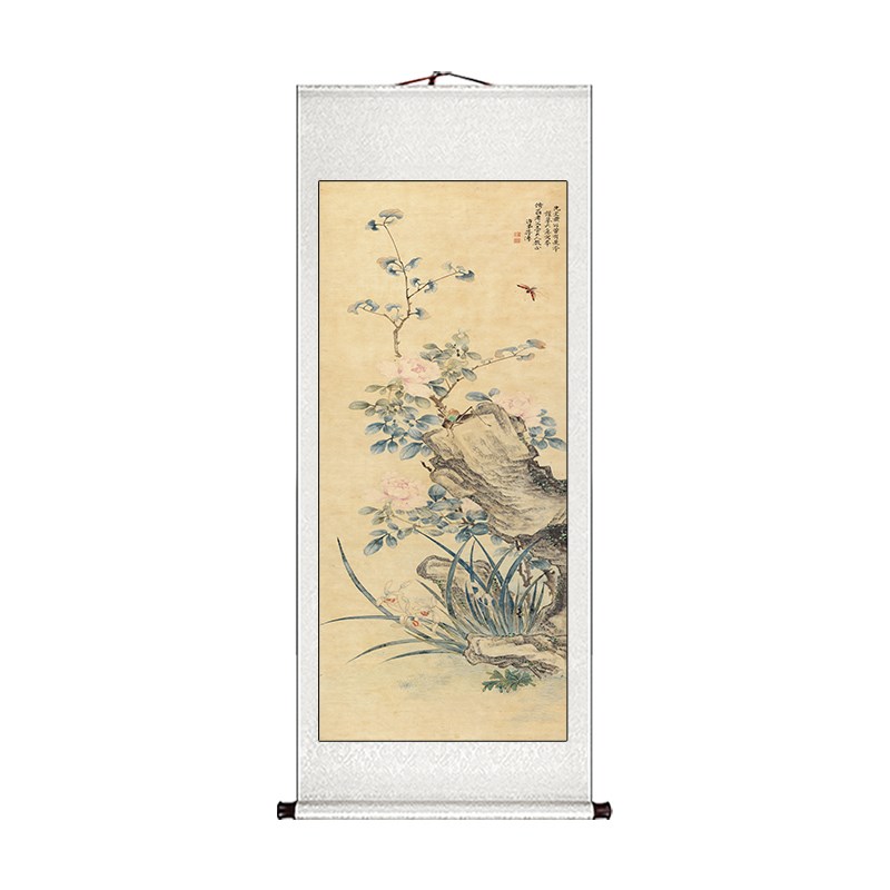 蒋溥兰石图卷轴挂画梨花竹子花鸟国画新中式客厅书房茶室玄关壁画