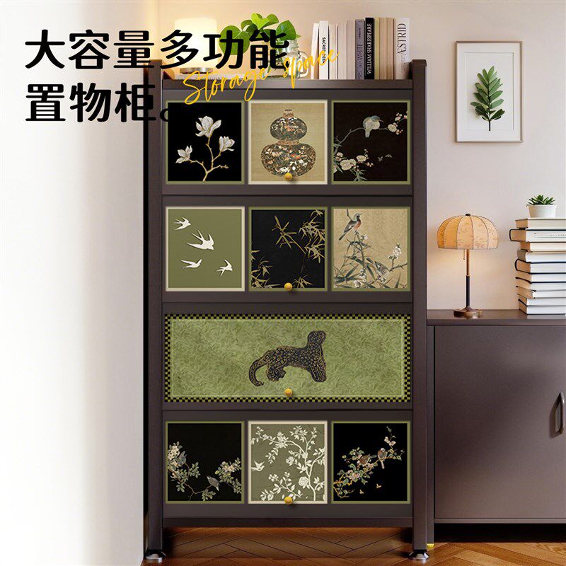中古风钢制书柜收纳柜一体置物架落地儿童客厅带柜门防尘飘窗书架