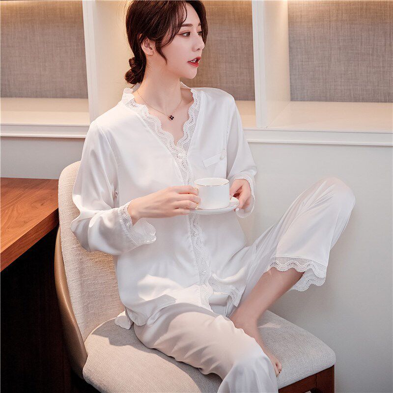 春夏季女士冰丝开衫睡衣长袖长裤睡袍/浴袍