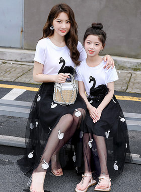 亲子装夏装网红母女装2021新款潮女童短袖t桖套装洋气网纱半身裙