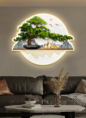 福鹿进户正对大门客厅玄关挂画带灯光山水走廊装饰画沙发背景壁画