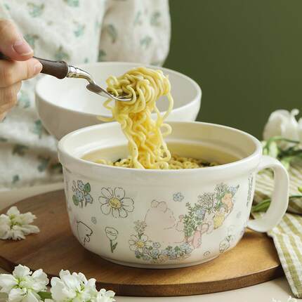 蓝莲花家居陶瓷泡面杯可爱大号泡面碗宿舍学生带盖高颜值微波加热