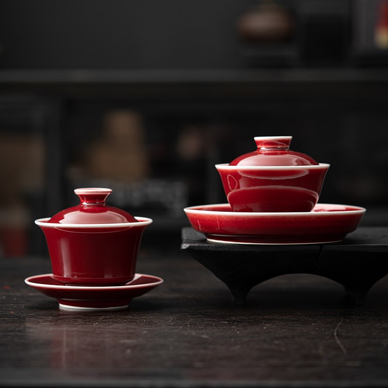 记今朝《郎红釉》三才盖碗茶杯陶瓷家用泡茶碗高端女士功夫茶具
