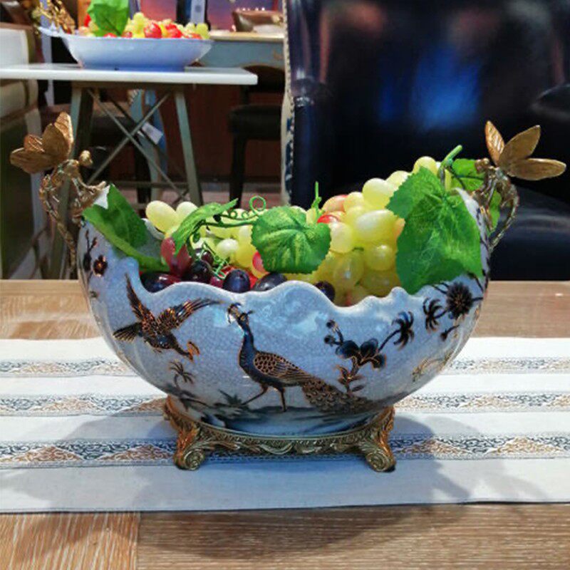 欧式美式家居饰品摆件陶瓷配铜装饰坐盘别墅软装壁炉饰品描金台灯