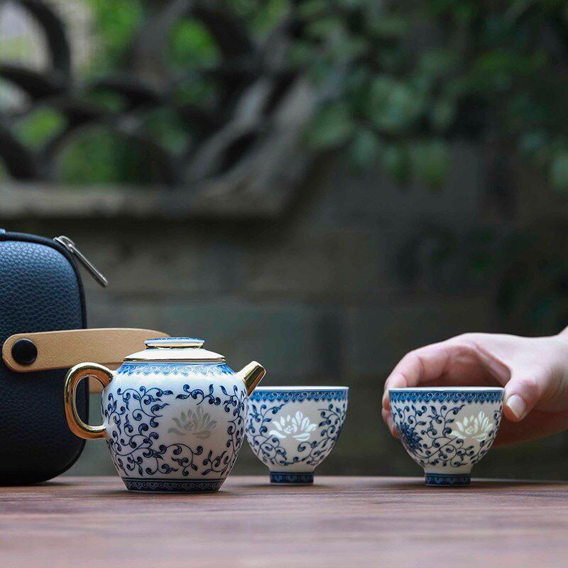 玉柏景德镇白瓷青花旅行便捷过滤家用茶具户外喝茶水套装心如莲花