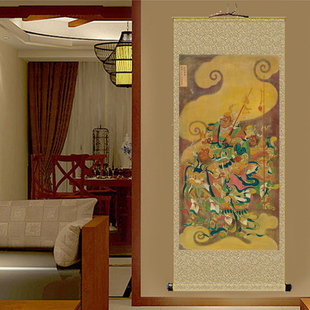 仿古匡野四将画像挂画四方大将人物卷轴画客厅书房装饰画绢布画