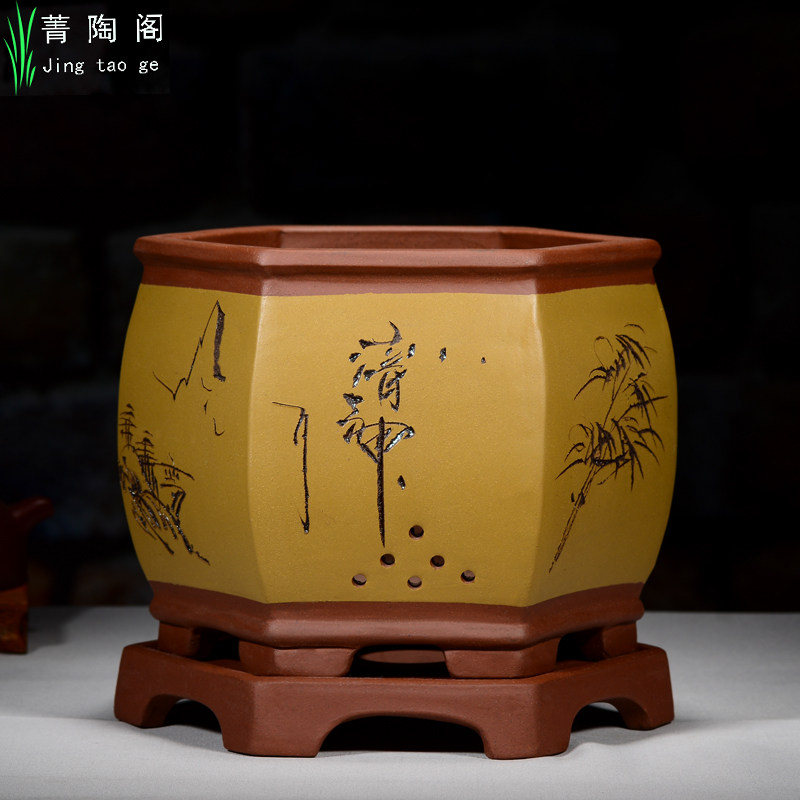 兰花盆紫砂花盆六方精品盆君子兰树桩带托盘简约陶瓷花盆兰草盆栽