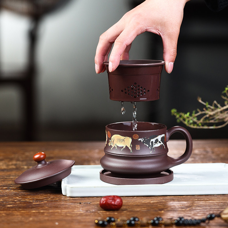 带内胆紫砂茶杯隔舱原矿紫泥泥绘五牛茶漏纯手工办公杯盖杯冲茶杯