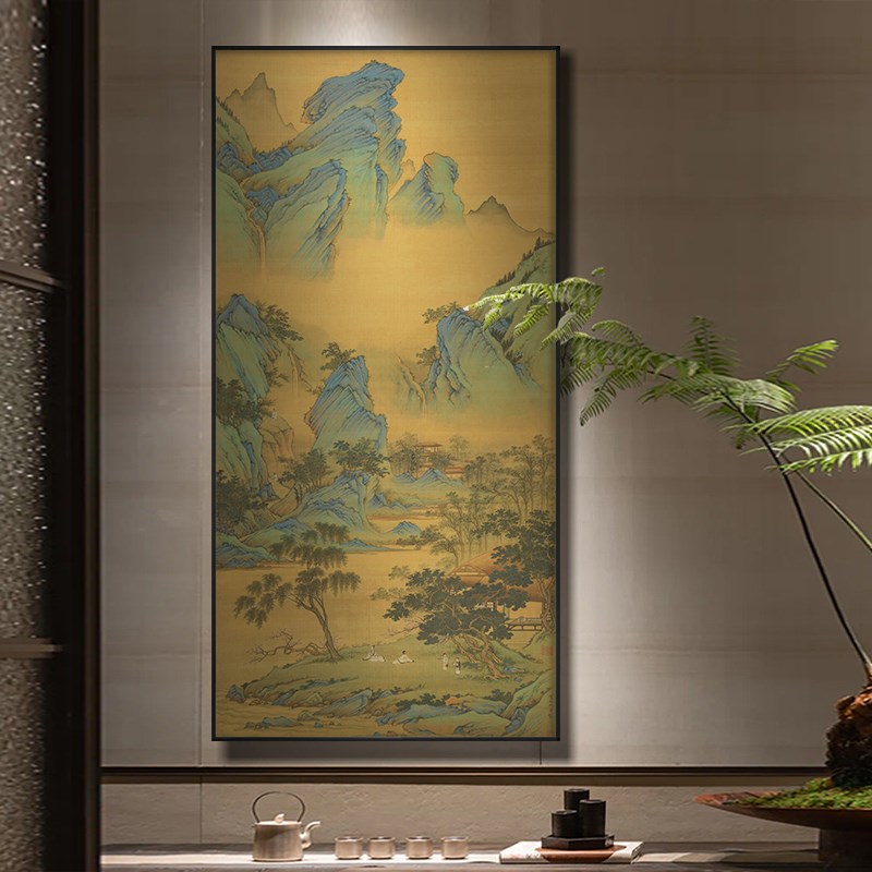 听琴图新中式玄关装饰画中古风客厅山水挂画酒店茶室竖版壁画带框