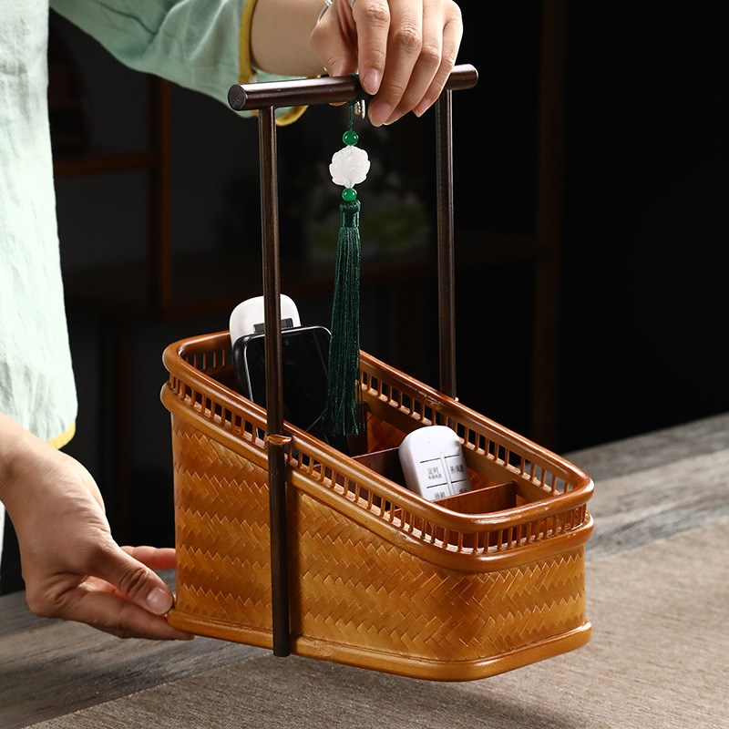 竹编手提斜四格筐水果篮复古茶道茶具收纳筐点心家用遥控器置物架