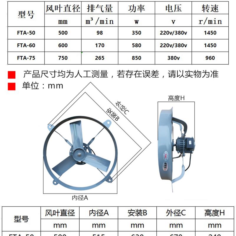 洲洲FTA轴流式强力抽风机220v厨房油烟排气扇380v工业强力排风扇