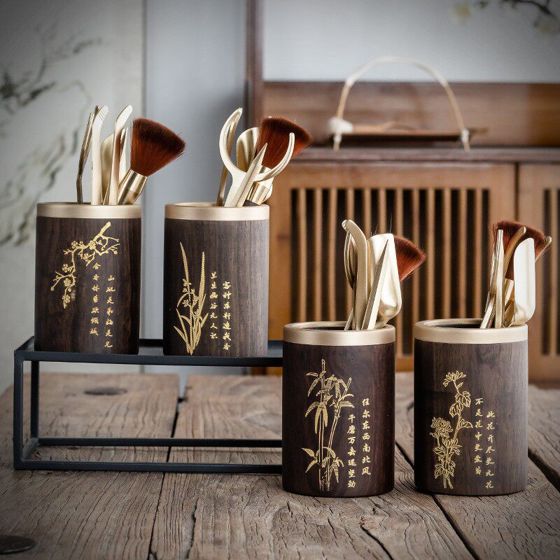 梅兰竹菊铜木茶道六君子套装黑檀实木功夫茶夹茶针养壶笔刷茶针