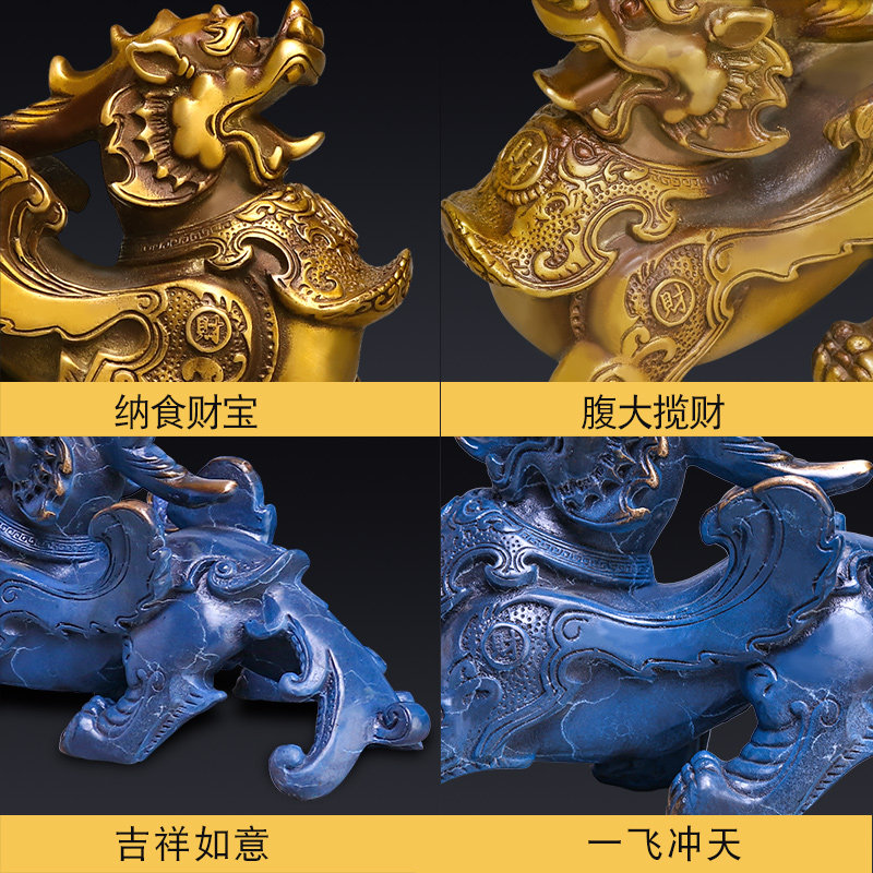 貔貅摆件黄纯铜皮丘狮头一对公母貔貅办公室玄关装饰客厅桌面摆件