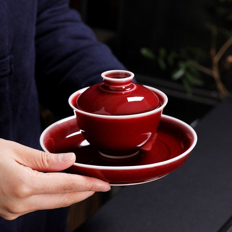郎红釉三才盖碗茶杯大号手工泡茶碗功夫茶具高档陶瓷家用泡茶器
