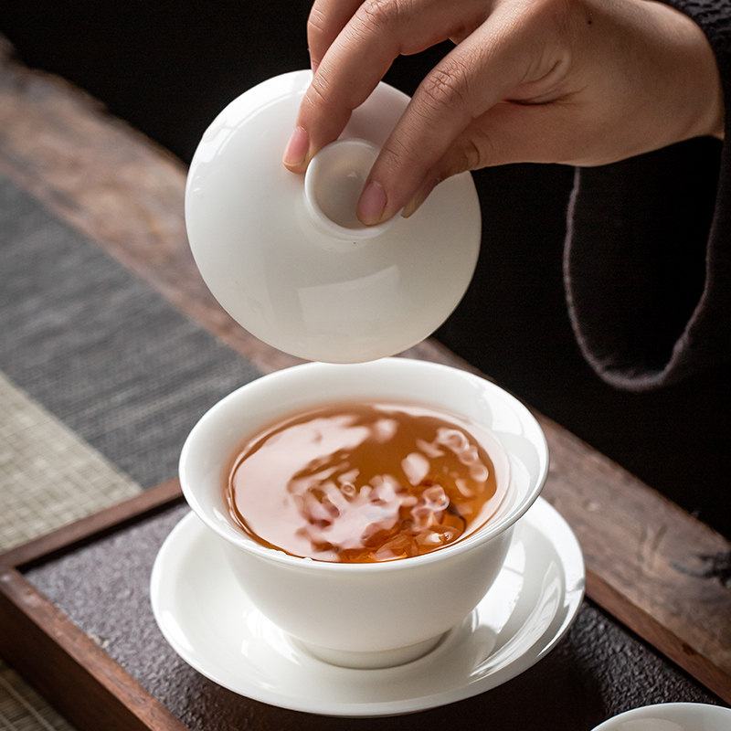羊脂玉白瓷盖碗茶杯单个高档泡茶茶碗带盖三才大号茶具套装家用