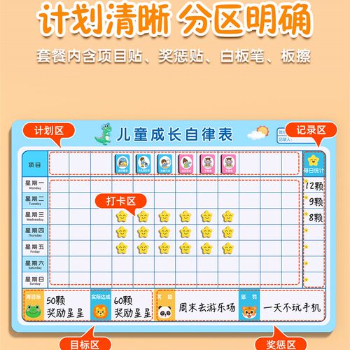 儿童成长自律表墙贴 21天好习惯打卡板 学习计划奖励积分卡