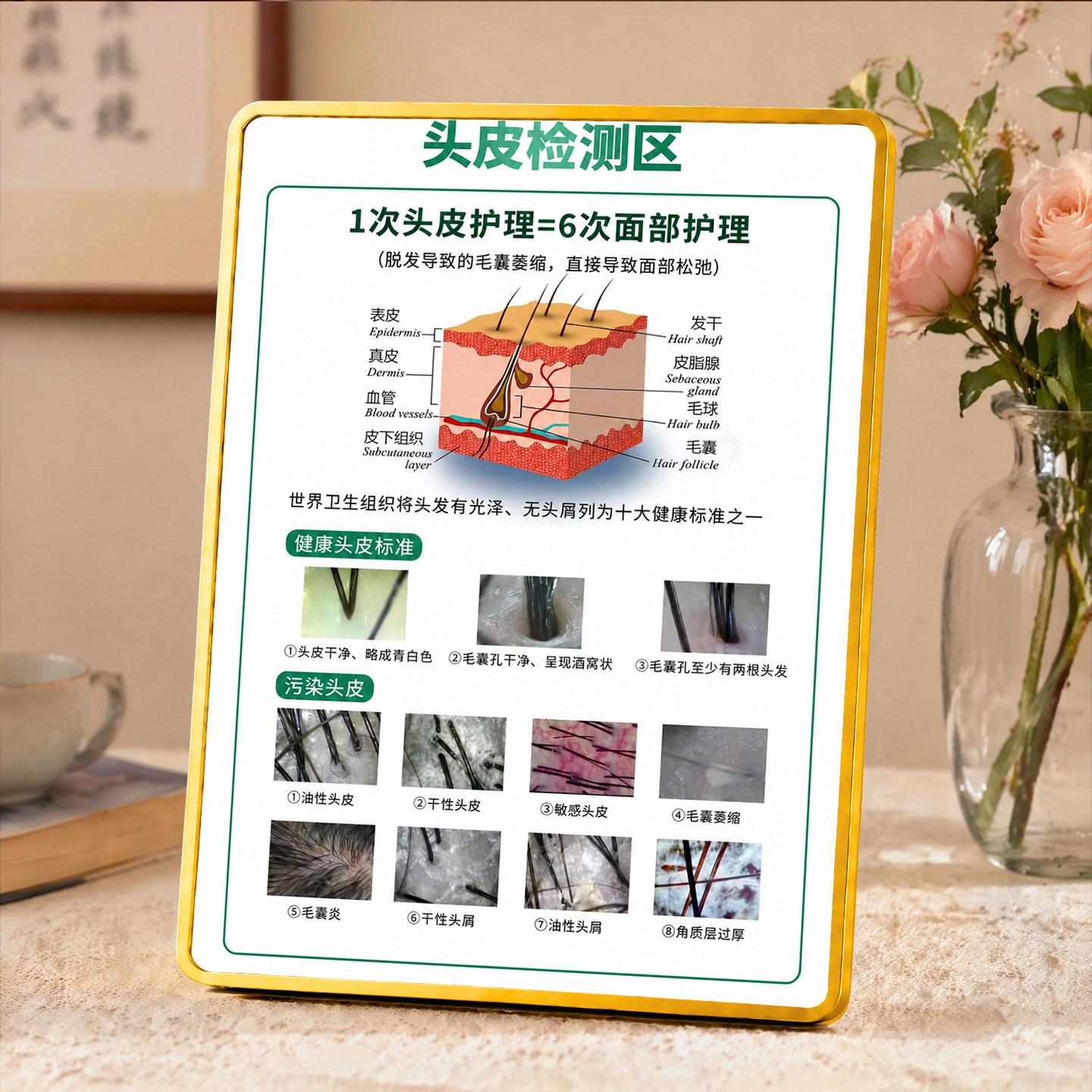 头皮检测区科普展示牌养发馆美发店前台桌面装饰宣传摆件