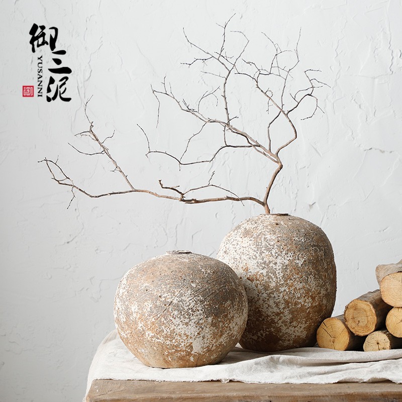 复古茶室禅意粗陶罐手工小口花瓶做旧陶艺球形民宿茶室侘寂风摆件