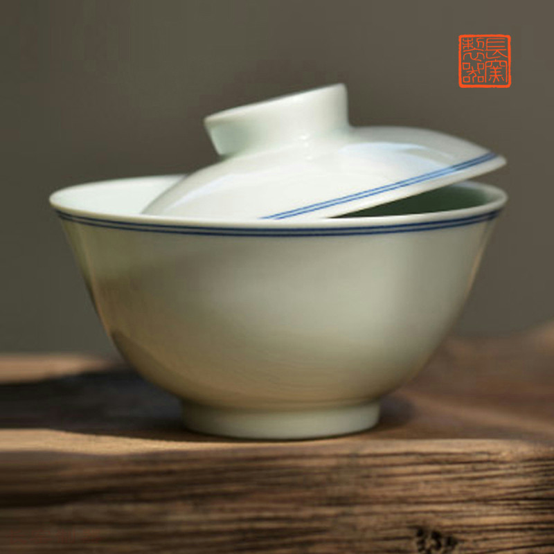 长物居 手绘青花瓷双圈纹盖碗盖杯 景德镇手工陶瓷茶杯茶具