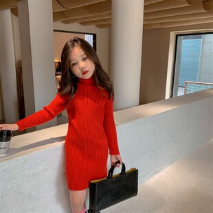 韩版女童红色针织洋装秋装洋派儿童宝宝内搭长版高领打底毛衣裙