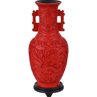 扬州漆器双耳龙花瓶摆件装饰品剔红雕漆脱胎工艺品仿古特色礼物