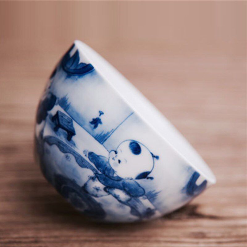 品墨善雅纯手绘青花茶具景德镇茶杯陶瓷功夫茶杯童子踢毽子图单杯