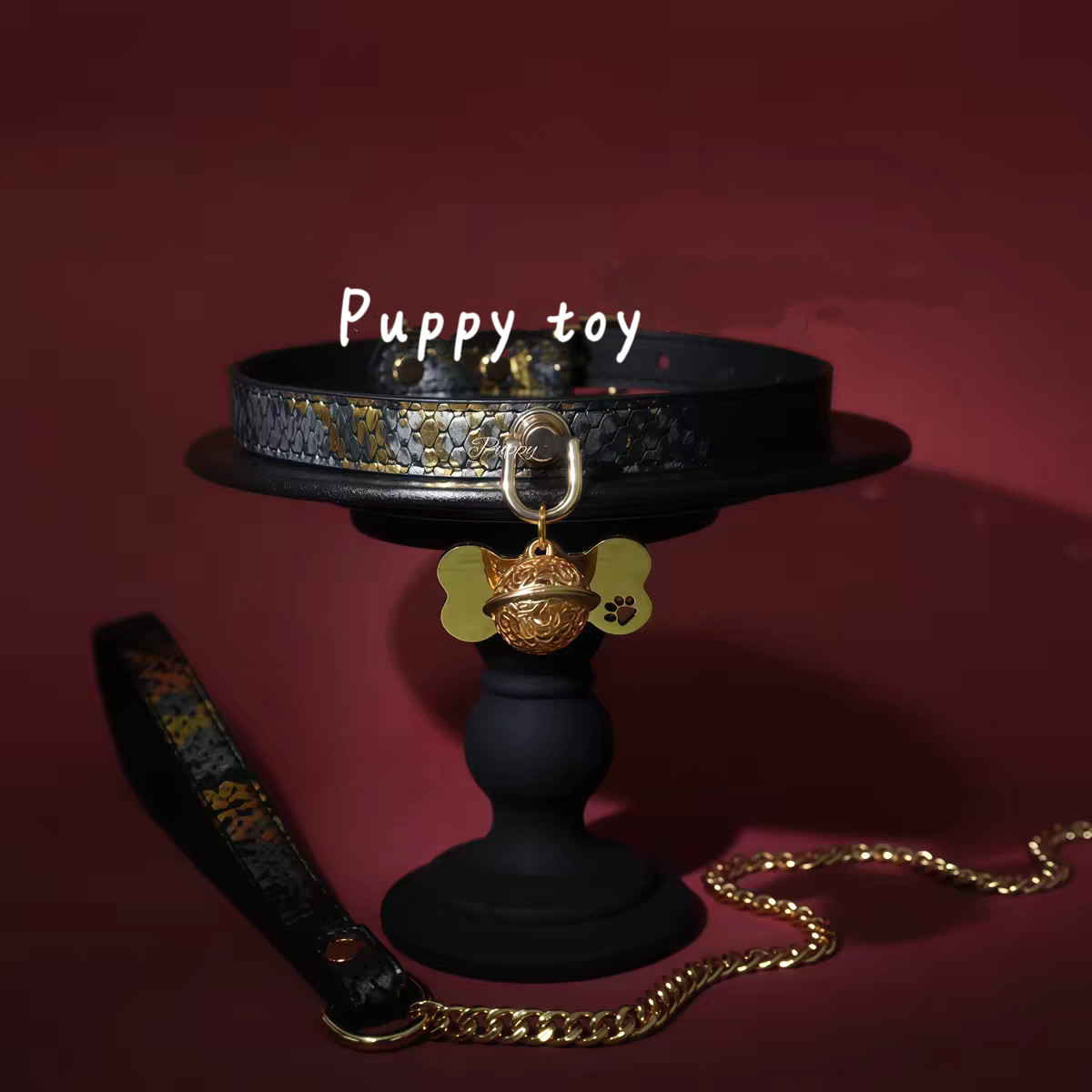 「puppy toy」镭射黑银蛇纹铃铛项圈chocker情侣项链颈圈定制刻字