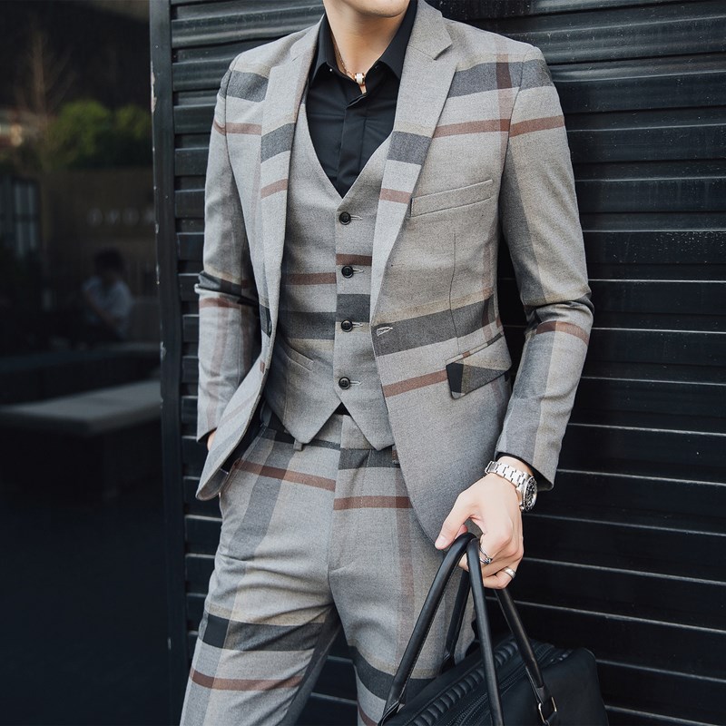 男士商务时尚休闲西装套装修身青年新郎结婚礼服大码西服三件套男