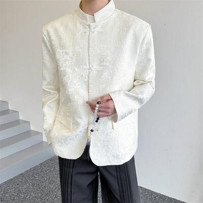 春季新中式提花暗纹珍珠盘扣新中式西服外套男设计感立领休闲西装