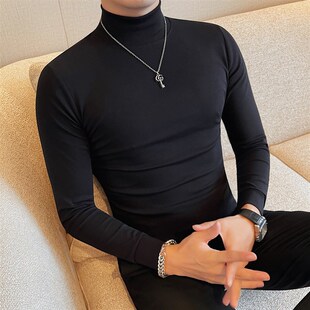 半高领t恤男长袖春秋季2024新款韩版修身中领打底衫紧身体恤上衣
