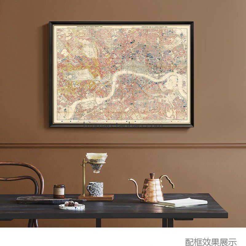 1889年伦敦贫困描述地图 欧式英伦复古怀旧别墅客厅装饰壁挂画芯
