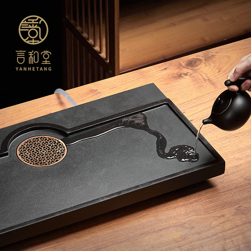 乌金石茶盘石头茶台简约天然石材功夫茶具黑金石茶海家用托盘定制
