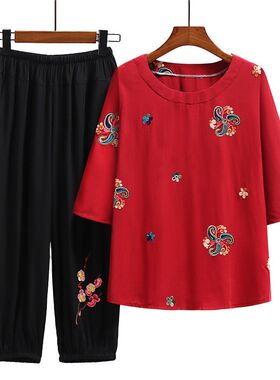 中老年女装大码七分袖套装妈妈装T恤上衣刺绣棉麻小衫老年人衣服