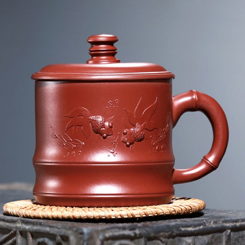 宜兴原矿紫砂杯纯全手工贴花大红袍泡茶喝水杯子盖杯喜上眉梢