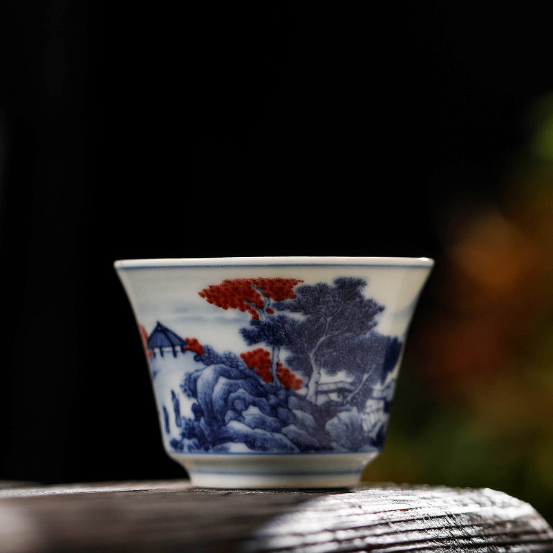 陶瓷功夫茶具茶杯仿古青花瓷品茗杯釉里红家用草木灰中式喝茶杯