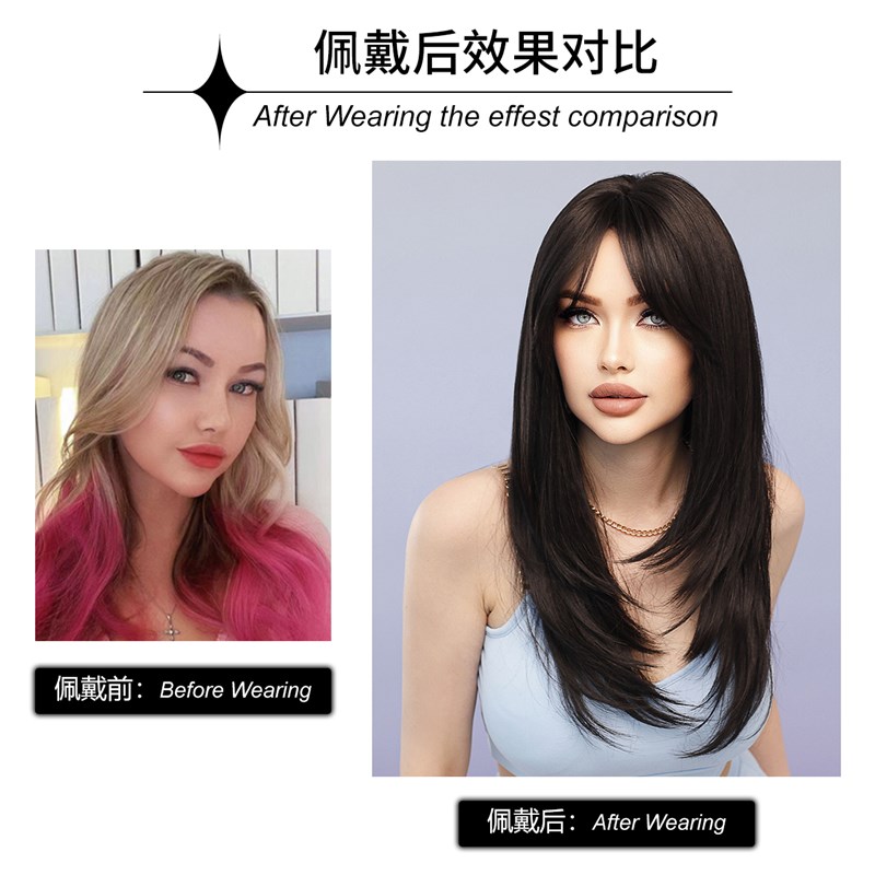 7jhhwigs深棕色长直假发女士欧美日常使用中分合成假发头套