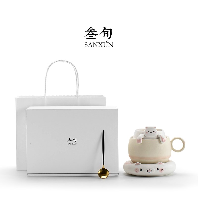 叁旬招财猫泡茶杯茶杯陶瓷茶水分离马克杯创意咖啡杯男女水杯礼物